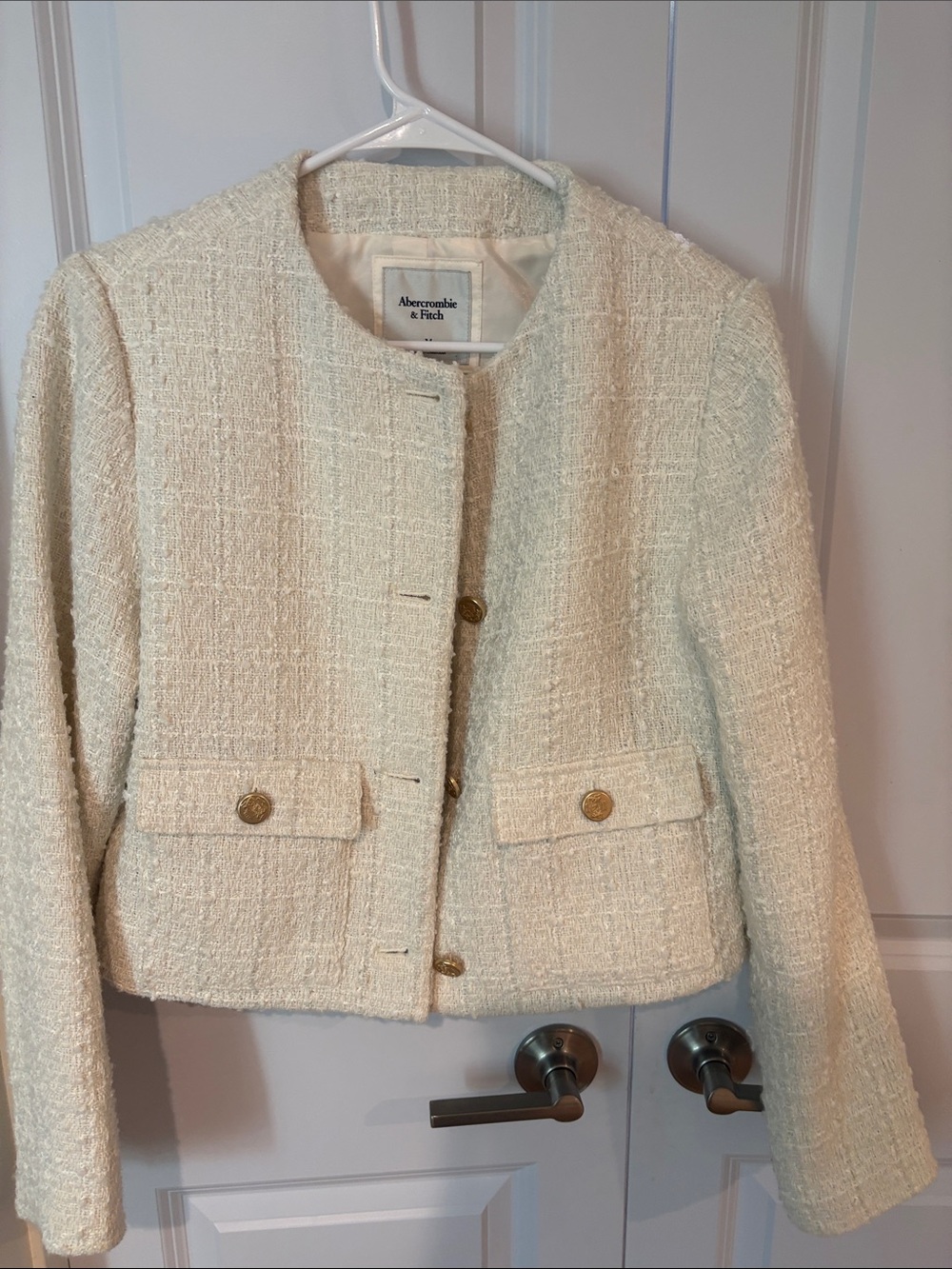 Abercrombie & Fitch Ivory Tweed Cropped Blazer with Gold Buttons
